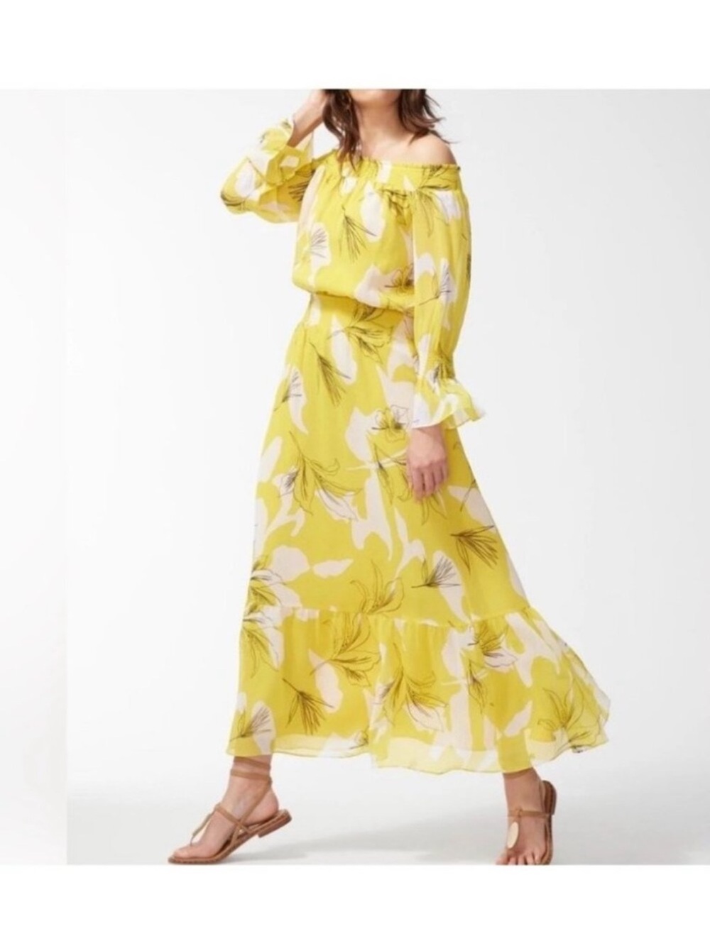 Chicos Dress Midi/ Maxi Length Yellow White Chiffon Elastic Shirred Waist Size 6